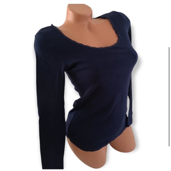 H&M Scoop Neck Long Sleeve Cotton Shirt dark blue M - Picture 3 of 4